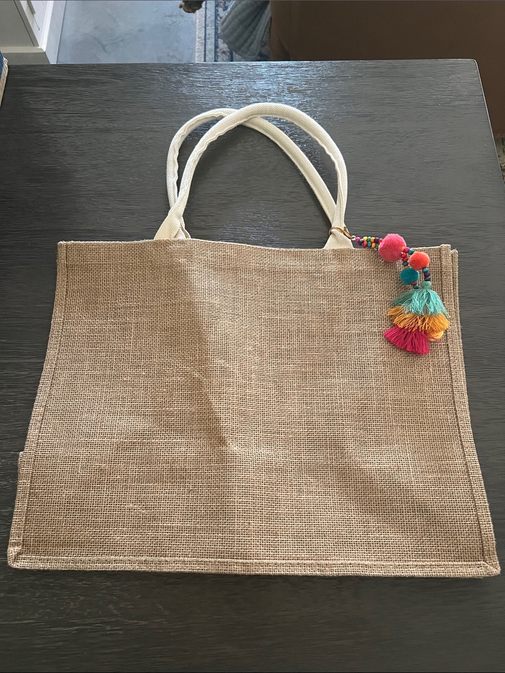 Natural Jute Tote Bag with Colorful Tassel